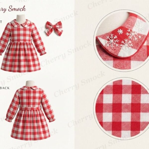 Cherrysmock Christmas Girls Hand-Embroidered Long-Sleeve Dress – US Collection #G10 (CS-US-CHRISTMAS-G10)