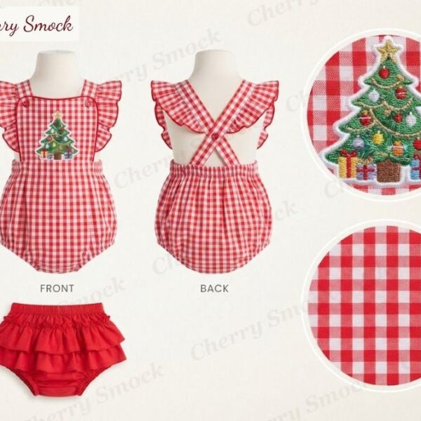 Cherrysmock Christmas Girls Machine Embroidered Bubble Romper – US Collection #G12 (CS-US-CHRISTMAS-G12)