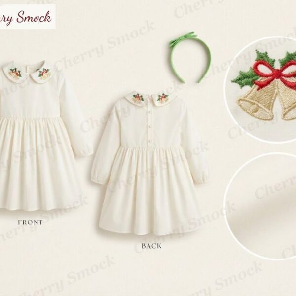 Cherrysmock Christmas Girls Machine Embroidered Long-Sleeve Dress – US Collection #G15 (CS-US-CHRISTMAS-G15)