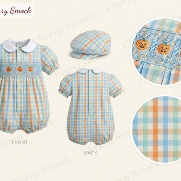 Cherrysmock Halloween Boys Hand-Smocked Smiling Pumpkin Bubble Romper – US Collection #B01 (CS-US-HALLOWEEN-B01)