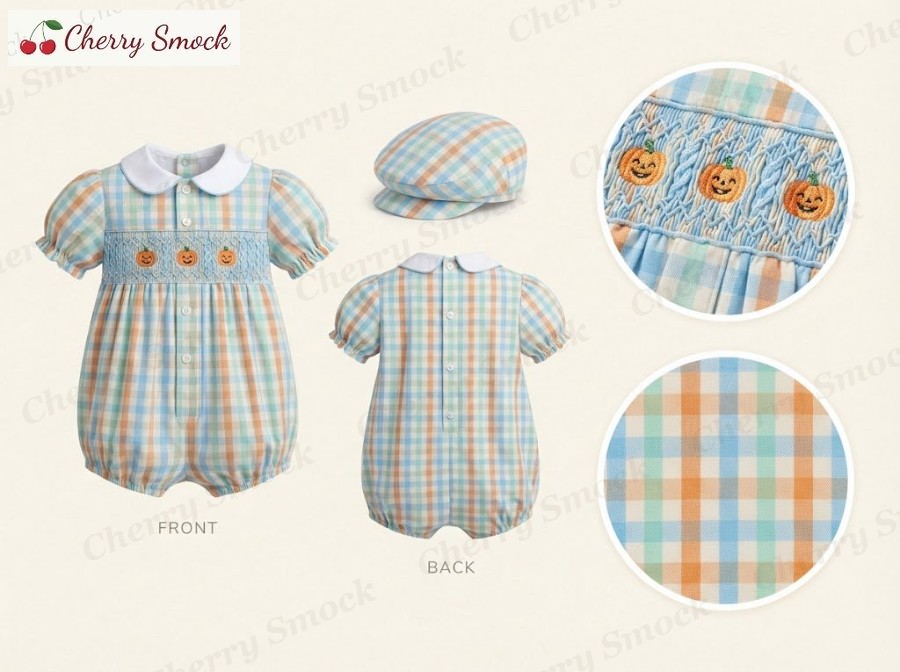 Hand-Smocked Smiling Pumpkin Bubble Romper – Cherrysmock Halloween Boys Hand-Smocked Smiling Pumpkin Bubble Romper – US Collection #B01 (CS-US-HALLOWEEN-B01)