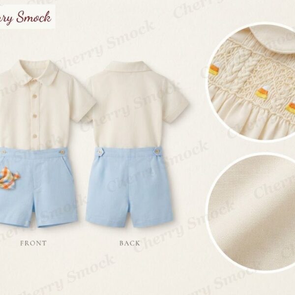 Cherrysmock Halloween Boys Hand-Smocked Candy Corn Shorts Set – US Collection #B03 (CS-US-HALLOWEEN-B03)