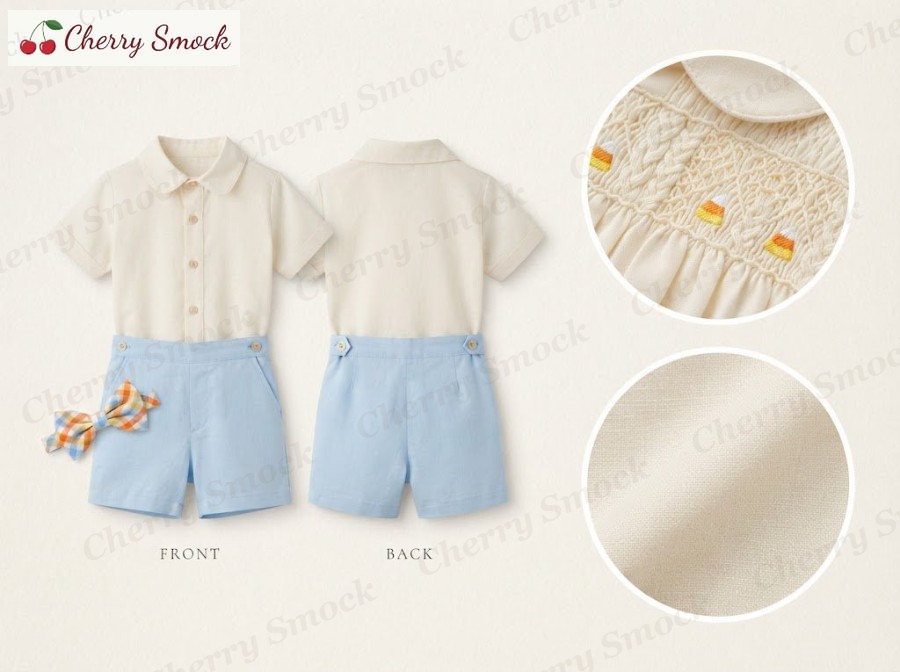 Hand-Smocked Candy Corn Shorts – Cherrysmock Halloween Boys Hand-Smocked Candy Corn Shorts Set – US Collection #B03 (CS-US-HALLOWEEN-B03)