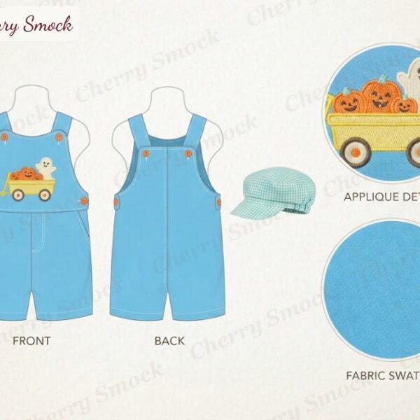 Cherrysmock Halloween Boys Machine-Applique Pumpkin Wagon Jon-Jon – US Collection #B06 (CS-US-HALLOWEEN-B06)