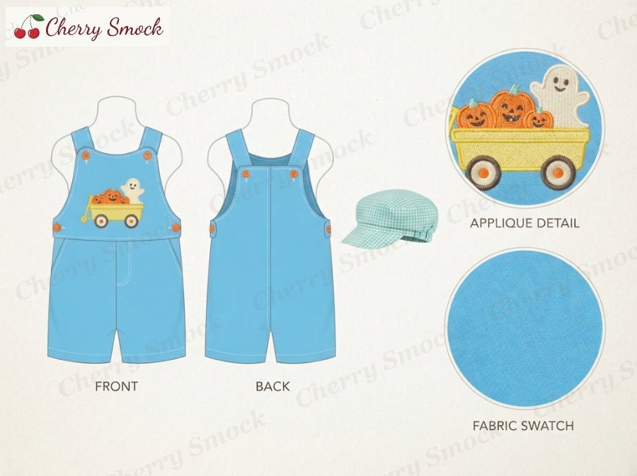 Machine-Applique Pumpkin Wagon Jon-Jon – Cherrysmock Halloween Boys Machine-Applique Pumpkin Wagon Jon-Jon – US Collection #B06 (CS-US-HALLOWEEN-B06)