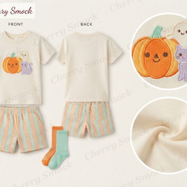 Cherrysmock Halloween Boys Machine-Applique Trick-or-Treat Shorts Set – US Collection #B07 (CS-US-HALLOWEEN-B07)