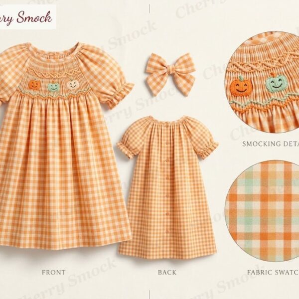 Cherrysmock Halloween Girls Hand-Smocked Pumpkin Patch Bishop Dress – US Collection #G01 (CS-US-HALLOWEEN-G01)