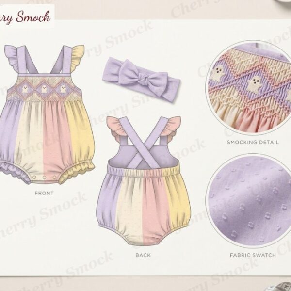 Cherrysmock Halloween Girls Hand-Smocked Friendly Ghost Bubble – US Collection #G02 (CS-US-HALLOWEEN-G02)