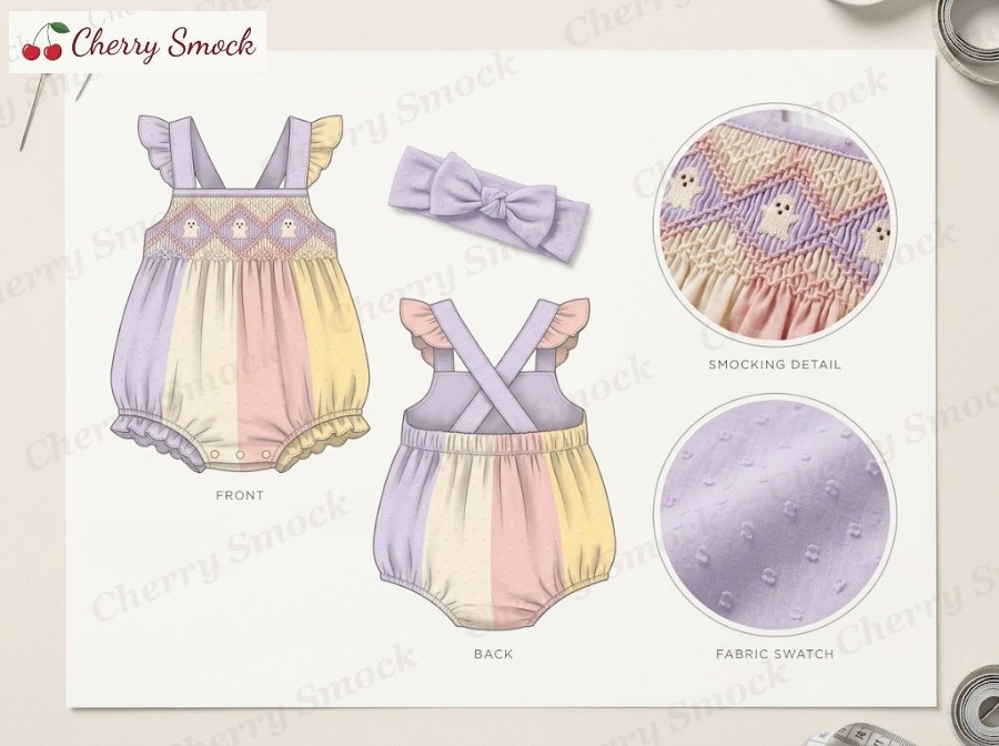 Hand-Smocked Friendly Ghost Bubble – Cherrysmock Halloween Girls Hand-Smocked Friendly Ghost Bubble – US Collection #G02 (CS-US-HALLOWEEN-G02)