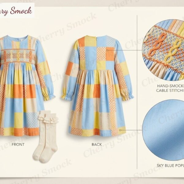 Cherrysmock Halloween Girls Hand-Smocked Candy Corn Long-Sleeve Dress – US Collection #G03 (CS-US-HALLOWEEN-G03)