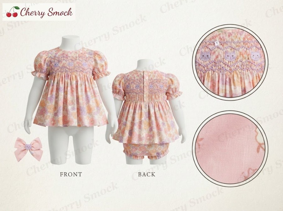 Hand-Smocked Pastel Cat 2-Piece – Cherrysmock Halloween Girls Hand-Smocked Pastel Cat 2-Piece Set – US Collection #G04 (CS-US-HALLOWEEN-G04)