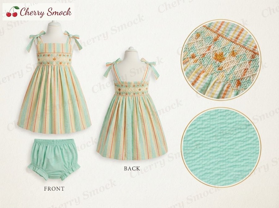 Hand-Smocked Autumn Leaf Sundress – Cherrysmock Halloween Girls Hand-Smocked Autumn Leaf Sundress – US Collection #G05 (CS-US-HALLOWEEN-G05)