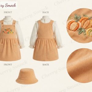 Cherrysmock Halloween Girls Hand-Embroidered Pumpkin Carriage Pinafore with Blouse – US Collection #G07 (CS-US-HALLOWEEN-G07)