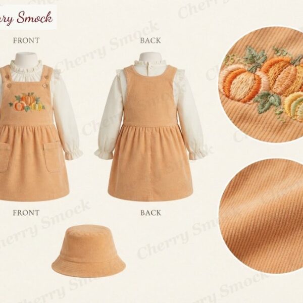 Cherrysmock Halloween Girls Hand-Embroidered Pumpkin Carriage Pinafore with Blouse – US Collection #G07 (CS-US-HALLOWEEN-G07)