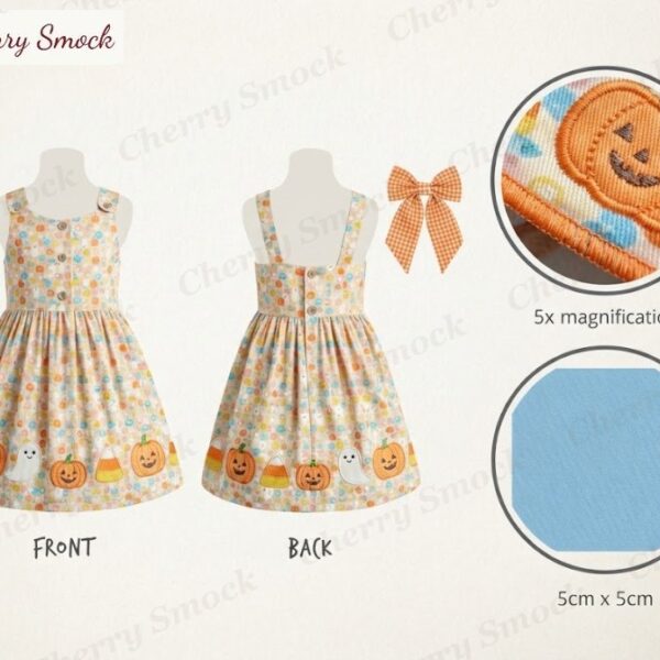 Cherrysmock Halloween Girls Machine-Applique Trick-or-Treat Jumper – US Collection #G11 (CS-US-HALLOWEEN-G11)