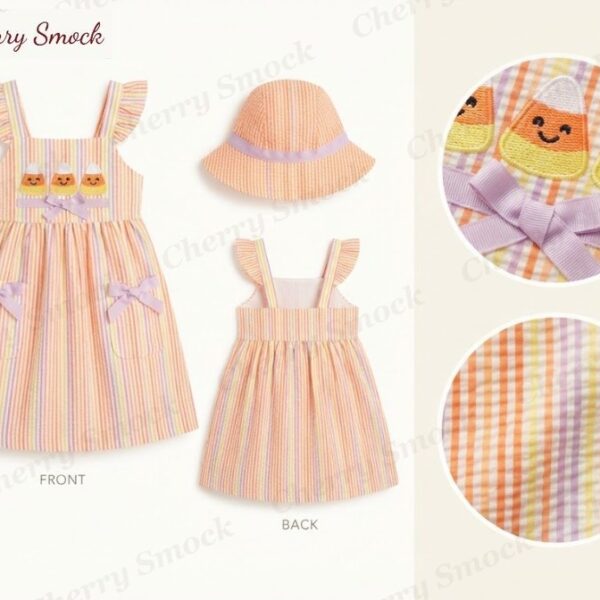 Cherrysmock Halloween Girls Machine-Embroidered Candy Corn Sundress – US Collection #G13 (CS-US-HALLOWEEN-G13)