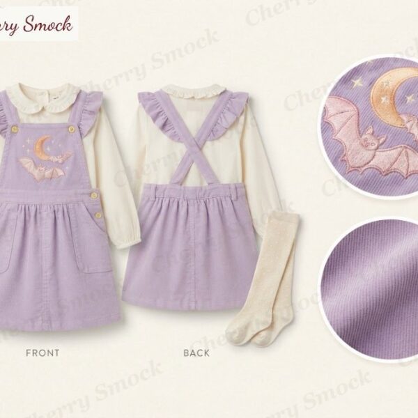 Cherrysmock Halloween Girls Machine-Applique Pastel Bat Pinafore with Blouse – US Collection #G14 (CS-US-HALLOWEEN-G14)