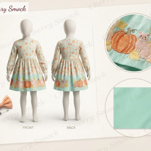Cherrysmock Halloween Girls Machine-Applique Pumpkin Patch Long-Sleeve Dress – US Collection #G15 (CS-US-HALLOWEEN-G15)