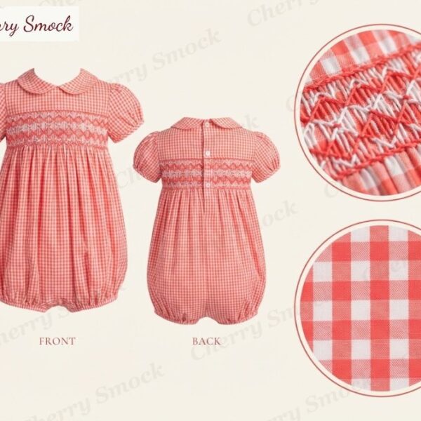 Cherrysmock 4th of July Boys Hand-Smocked Gingham Bubble Romper – US Collection #B02 (CS-US-JULY4-B02)