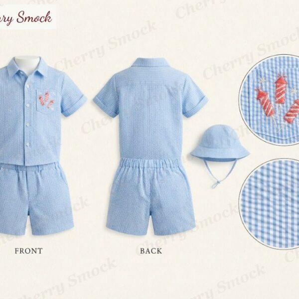 Cherrysmock 4th of July Boys Hand-Embroidered Seersucker Shorts Set – US Collection #B04 (CS-US-JULY4-B04)