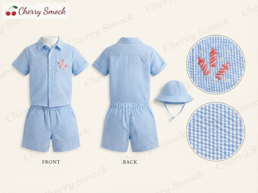 Hand-Embroidered Seersucker Shorts – Cherrysmock 4th of July Boys Hand-Embroidered Seersucker Shorts Set – US Collection #B04 (CS-US-JULY4-B04)