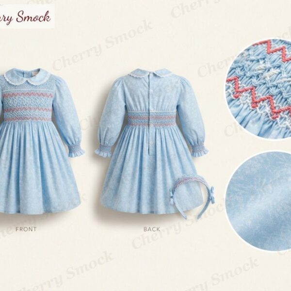 Cherrysmock 4th of July Girls Hand-Smocked Long-Sleeve Dress – US Collection #G03 (CS-US-JULY4-G03)