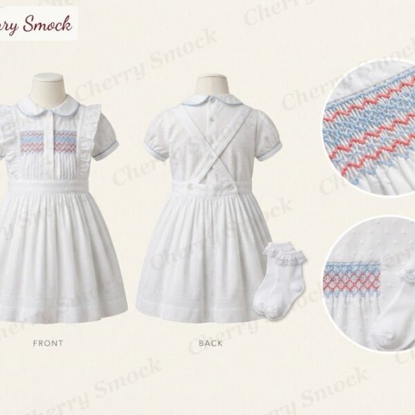 Cherrysmock 4th of July Girls Hand-Smocked Pinafore with Blouse – US Collection #G04 (CS-US-JULY4-G04)