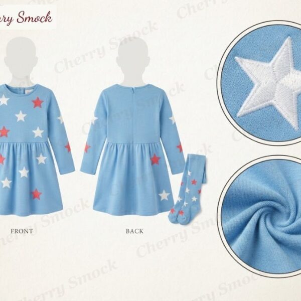Cherrysmock 4th of July Girls Applique Long-Sleeve Dress – US Collection #G14 (CS-US-JULY4-G14)