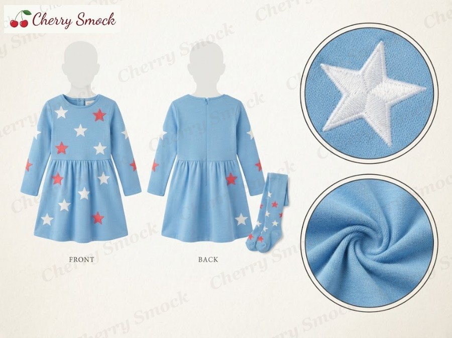 Applique Long-Sleeve Dress – Cherrysmock 4th of July Girls Applique Long-Sleeve Dress – US Collection #G14 (CS-US-JULY4-G14)