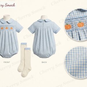 Cherrysmock Thanksgiving Boys Hand-Smocked Pumpkin Bubble Romper – US Collection #B01 (CS-US-THANKSGIVING-B01)