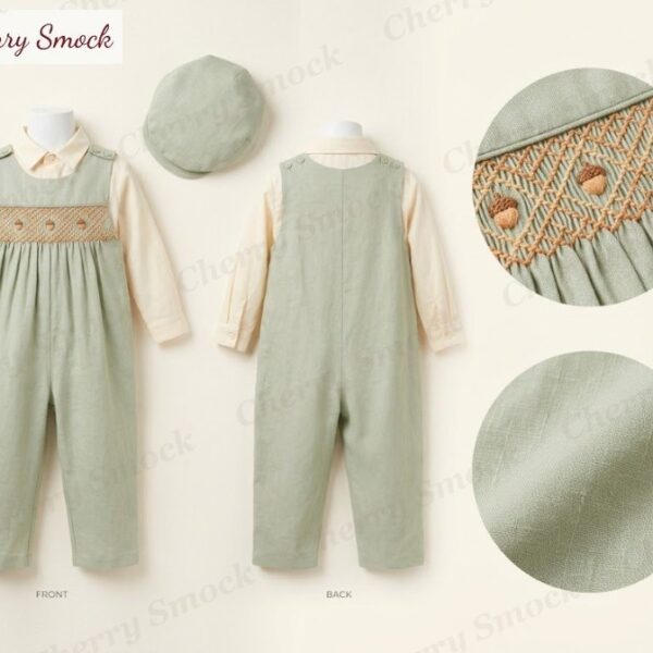 Cherrysmock Thanksgiving Boys Hand-Smocked Acorn Yoke Longall with Shirt Set – US Collection #B02 (CS-US-THANKSGIVING-B02)