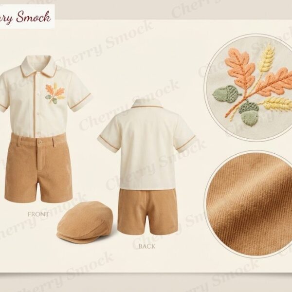 Cherrysmock Thanksgiving Boys Hand-Embroidered Oak Leaf Button-Up Shorts Set – US Collection #B04 (CS-US-THANKSGIVING-B04)