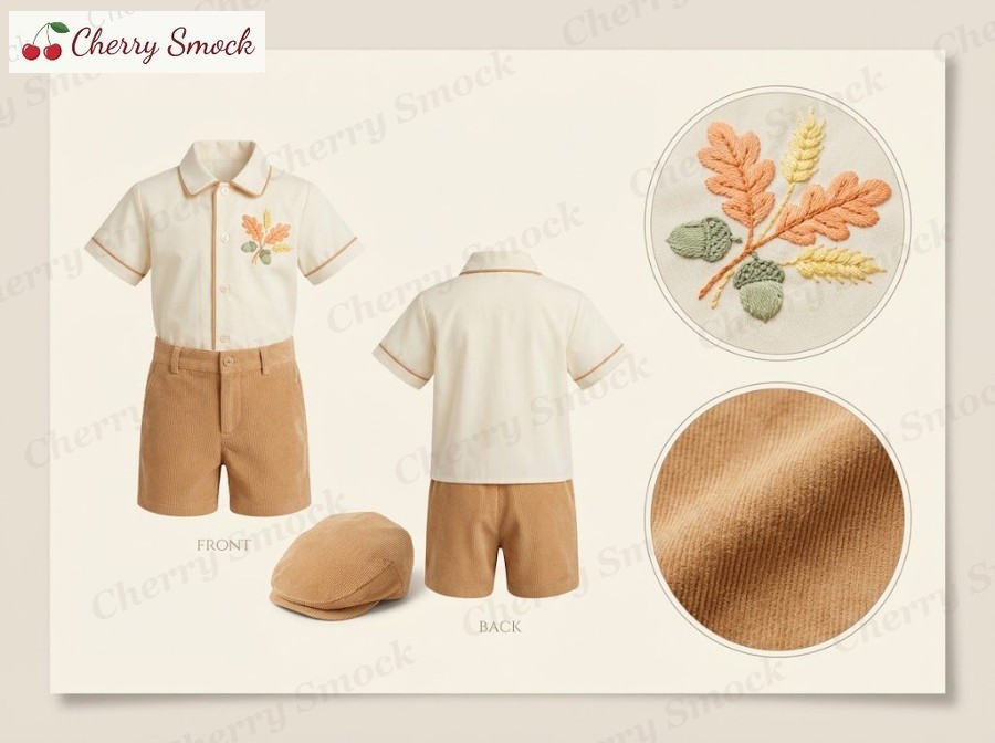 Hand-Embroidered Oak Leaf Button-Up Shorts – Cherrysmock Thanksgiving Boys Hand-Embroidered Oak Leaf Button-Up Shorts Set – US Collection #B04 (CS-US-THANKSGIVING-B04)
