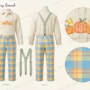 Cherrysmock Thanksgiving Boys Hand-Embroidered Harvest Pumpkin Tab-Front Set – US Collection #B05 (CS-US-THANKSGIVING-B05)