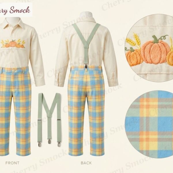 Cherrysmock Thanksgiving Boys Hand-Embroidered Harvest Pumpkin Tab-Front Set – US Collection #B05 (CS-US-THANKSGIVING-B05)