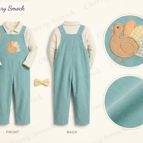 Cherrysmock Thanksgiving Boys Machine-Embroidered Turkey Applique Corduroy Longall Set – US Collection #B06 (CS-US-THANKSGIVING-B06)