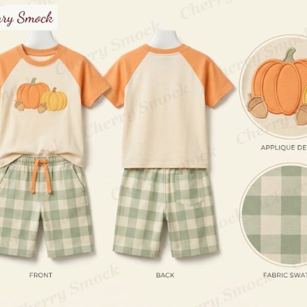 Cherrysmock Thanksgiving Boys Machine-Embroidered Pumpkin Harvest Shorts Set – US Collection #B07 (CS-US-THANKSGIVING-B07)