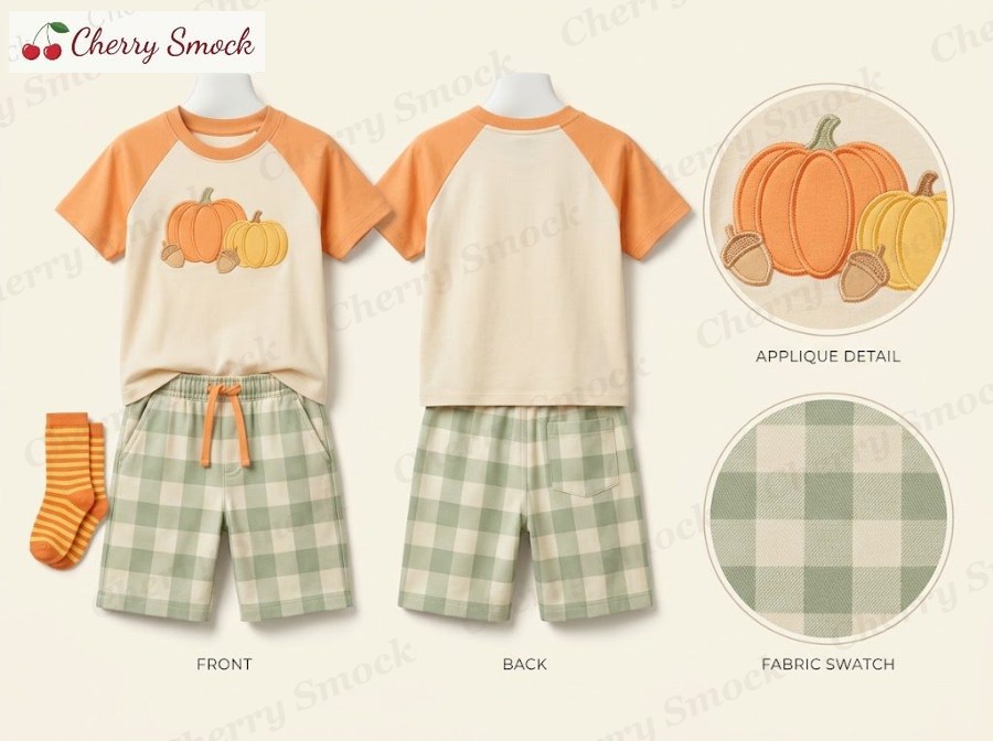 Machine-Embroidered Pumpkin Harvest Shorts – Cherrysmock Thanksgiving Boys Machine-Embroidered Pumpkin Harvest Shorts Set – US Collection #B07 (CS-US-THANKSGIVING-B07)