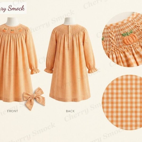 Cherrysmock Thanksgiving Girls Hand-Smocked Pumpkin Bishop Dress – US Collection #G01 (CS-US-THANKSGIVING-G01)