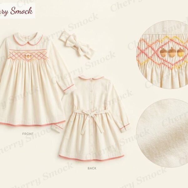 Cherrysmock Thanksgiving Girls Hand-Smocked Autumn Acorn Yoke Dress – US Collection #G02 (CS-US-THANKSGIVING-G02)