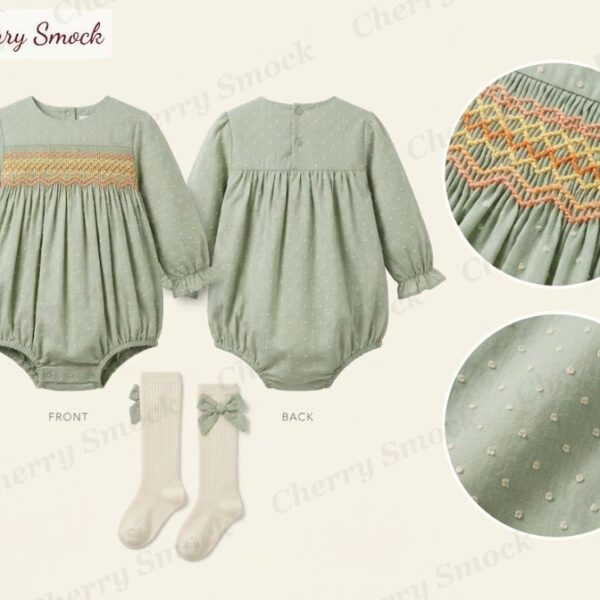 Cherrysmock Thanksgiving Girls Hand-Smocked Harvest Leaf Bubble Romper – US Collection #G03 (CS-US-THANKSGIVING-G03)