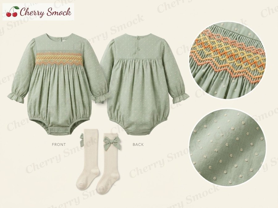 Hand-Smocked Harvest Leaf Bubble Romper – Cherrysmock Thanksgiving Girls Hand-Smocked Harvest Leaf Bubble Romper – US Collection #G03 (CS-US-THANKSGIVING-G03)