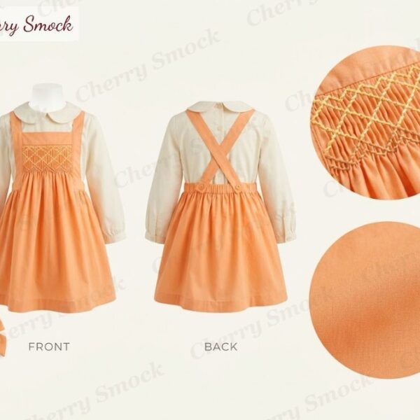 Cherrysmock Thanksgiving Girls Hand-Smocked Trellis Pinafore and Blouse Set – US Collection #G04 (CS-US-THANKSGIVING-G04)