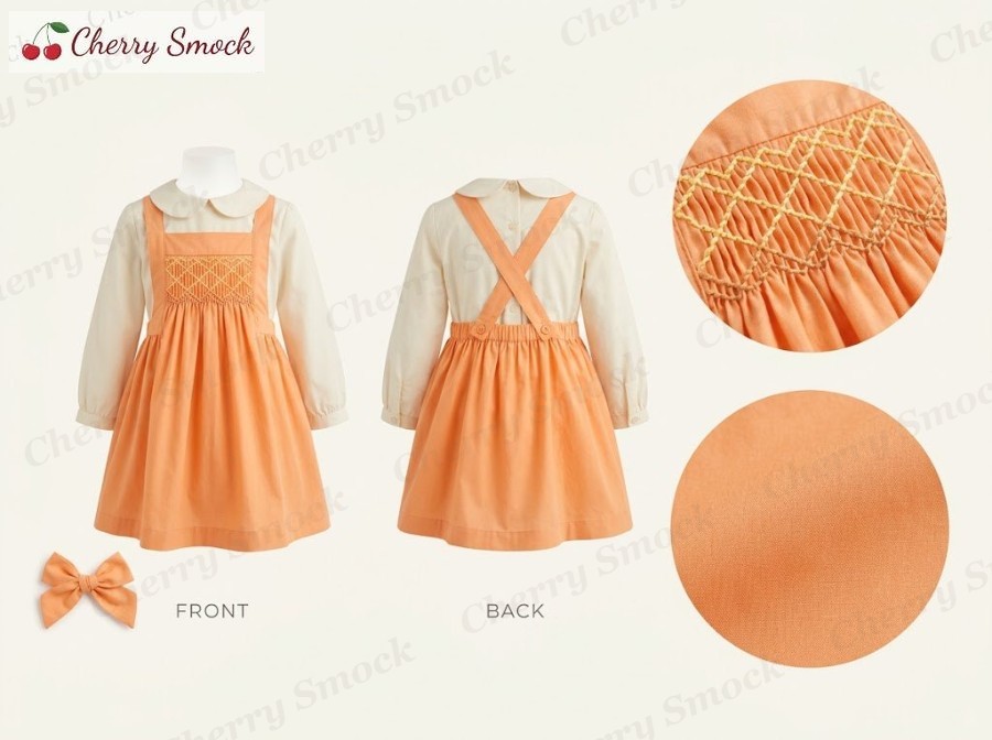 Hand-Smocked Trellis Pinafore – Cherrysmock Thanksgiving Girls Hand-Smocked Trellis Pinafore and Blouse Set – US Collection #G04 (CS-US-THANKSGIVING-G04)