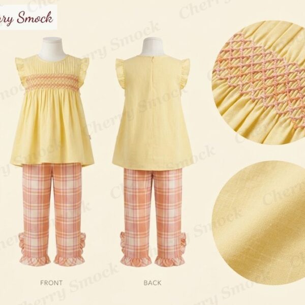 Cherrysmock Thanksgiving Girls Hand-Smocked Honeycomb Two-Piece Pant Set – US Collection #G05 (CS-US-THANKSGIVING-G05)