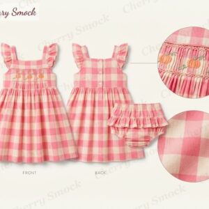 Cherrysmock Thanksgiving Girls Hand-Smocked Pumpkin Patch Sundress with Ruffle Bloomers – US Collection #G06 (CS-US-THANKSGIVING-G06)