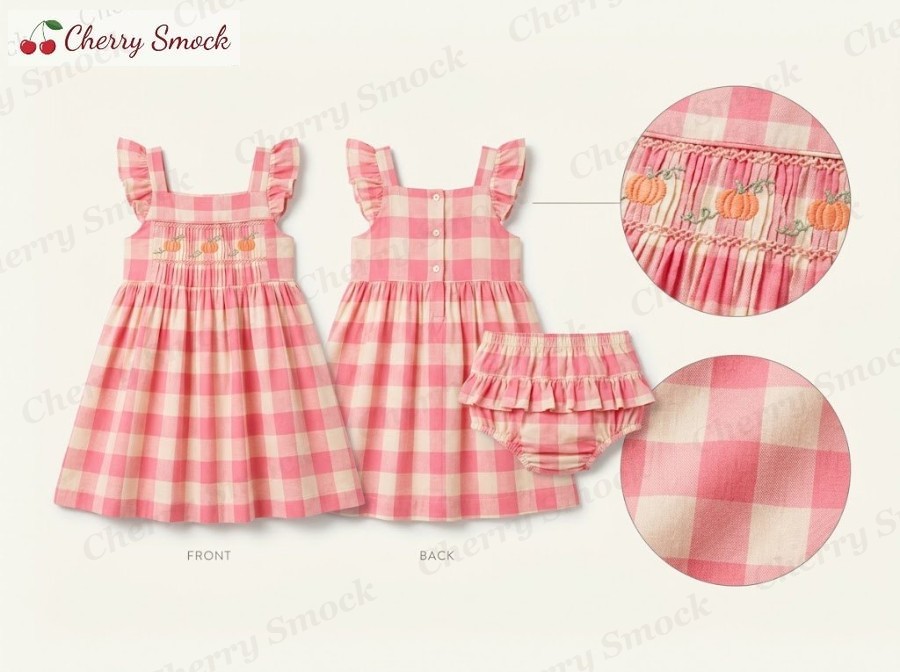 Hand-Smocked Pumpkin Patch Sundress – Cherrysmock Thanksgiving Girls Hand-Smocked Pumpkin Patch Sundress with Ruffle Bloomers – US Collection #G06 (CS-US-THANKSGIVING-G06)