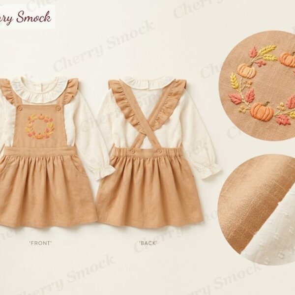 Cherrysmock Thanksgiving Girls Hand-Embroidered Harvest Wreath Vintage Pinafore Set – US Collection #G08 (CS-US-THANKSGIVING-G08)