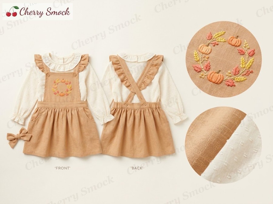 Hand-Embroidered Harvest Wreath Vintage Pinafore – Cherrysmock Thanksgiving Girls Hand-Embroidered Harvest Wreath Vintage Pinafore Set – US Collection #G08 (CS-US-THANKSGIVING-G08)
