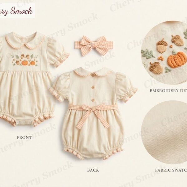 Cherrysmock Thanksgiving Girls Hand-Embroidered Woodland Acorn Bubble – US Collection #G09 (CS-US-THANKSGIVING-G09)